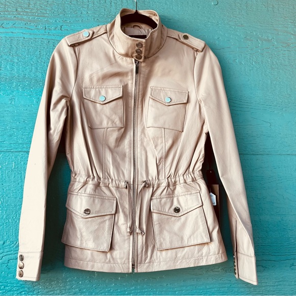 Bebe Genuine Leather Utility Jacket Cream Beige Zip Front NWT Size S - Picture 12 of 12